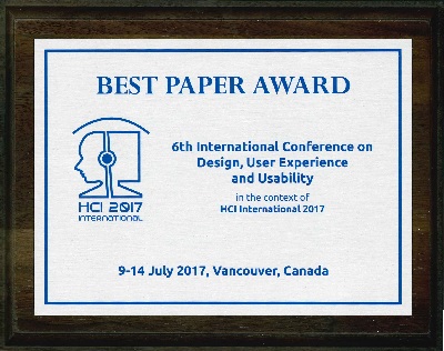 6th International Conference on Design, User Experience and Usability Best Paper Award. Details in text following the image.