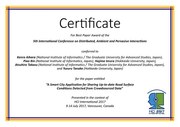 Certificate for best paper award of the 5th International Conference on Distributed, Ambient and Pervasive Interactions. Details in text following the image