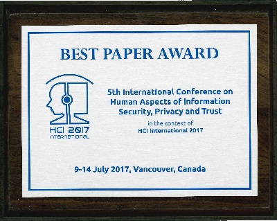 5th International Conference on Human Aspects of Information Security, Privacy and Trust Best Paper Award. Details in text following the image.