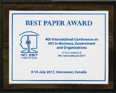 4th International Conference on HCI in Business, Government and Organizations Best Paper Award. Details in text following the image.