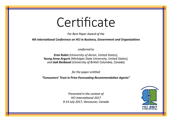 Certificate for best paper award of the 4th International Conference on HCI in Business, Government and Organizations. Details in text following the image