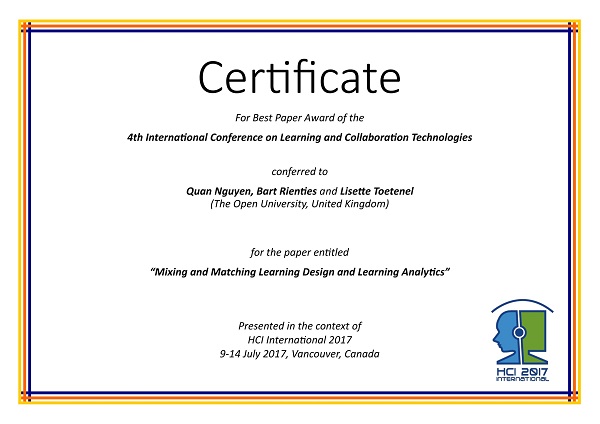 Certificate for best paper award of the 4th International Conference on Learning and Collaboration Technologies. Details in text following the image