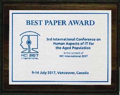 3rd International Conference on Human Aspects of IT for the Aged Population Best Paper Award. Details in text following the image.