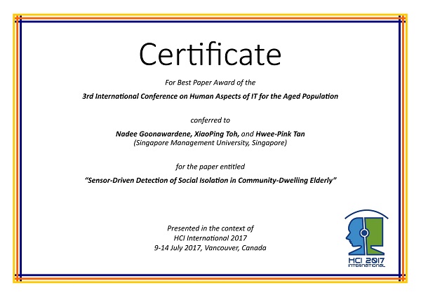 Certificate for best paper award of the 3rd International Conference on Human Aspects of IT for the Aged Population. Details in text following the image