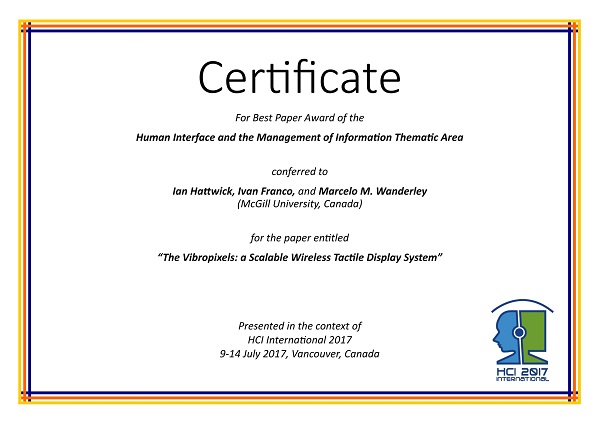 Certificate for best paper award of the Human Interface and the Management of Information  thematic area. Details in text following the image