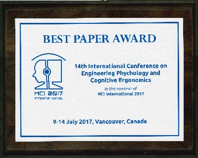 14th International Conference on Engineering Psychology and Cognitive Ergonomics Best Paper Award. Details in text following the image.