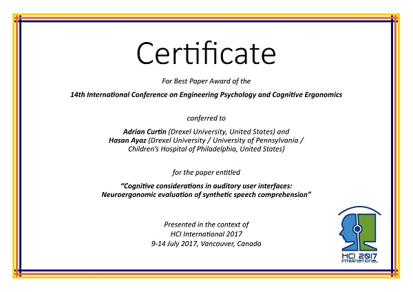 Certificate for best paper award of the 14th International Conference on Engineering Psychology and Cognitive Ergonomics. Details in text following the image