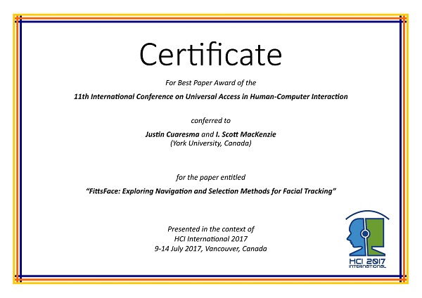 Certificate for best paper award of the 11th International Conference on Universal Access in Human-Computer Interaction. Details in text following the image