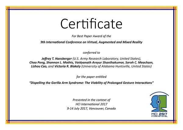 Certificate for best paper award of the 9th International Conference on Virtual, Augmented and Mixed Reality. Details in text following the image