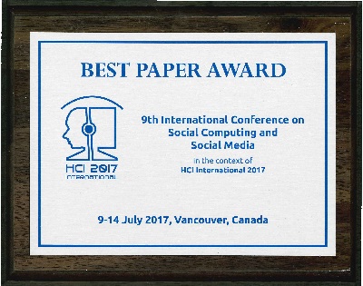 9th International Conference on Social Computing and Social Media Best Paper Award. Details in text following the image.