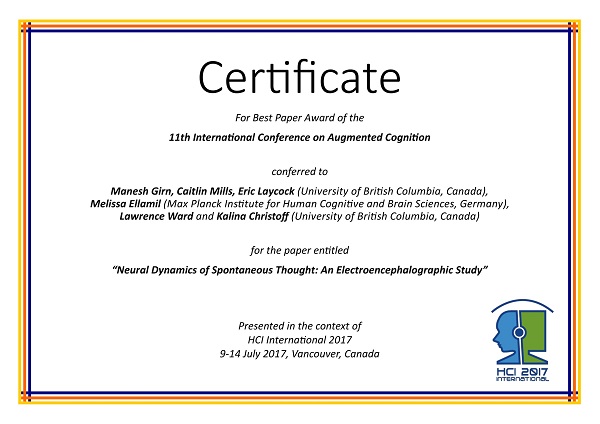 Certificate for best paper award of the 11th International Conference on Augmented Cognition. Details in text following the image