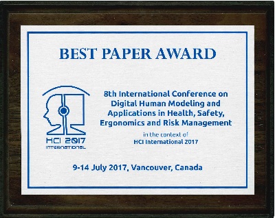 8th International Conference on Digital Human Modeling and Applications in Health, Safety, Ergonomics and Risk Management Best Paper Award. Details in text following the image.