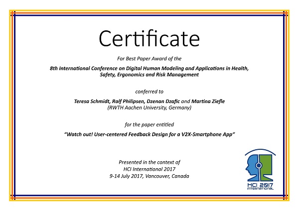 Certificate for best paper award of the 8th International Conference on Digital Human Modeling and Applications in Health, Safety, Ergonomics and Risk Management. Details in text following the image