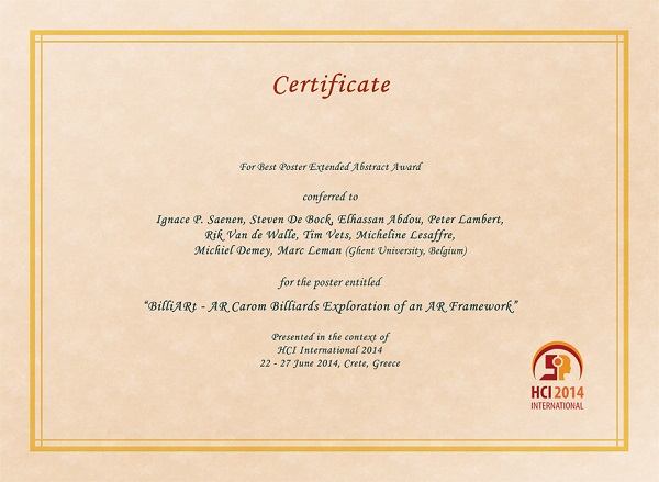 Certificate for Best Poster Extended Abstract Award. Details in text following the image