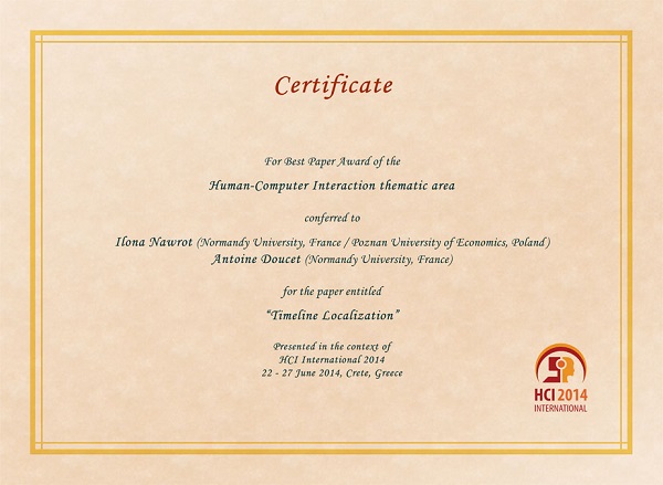 Certificate for best paper award of the Human-Computer Interaction thematic area. Details in text following the image